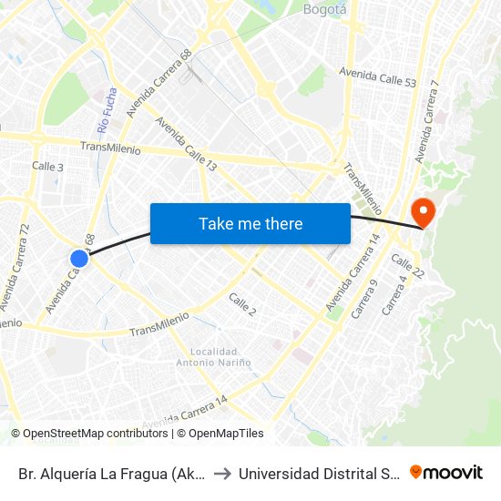 Br. Alquería La Fragua (Ak 68 - Cl 29 Sur) (C) to Universidad Distrital Sede Macarena B map