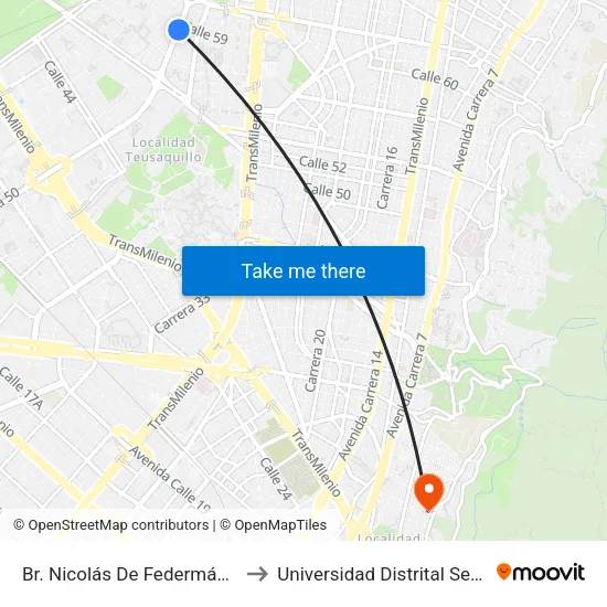 Br. Nicolás De Federmán (Ak 50 - Cl 59) to Universidad Distrital Sede Macarena B map