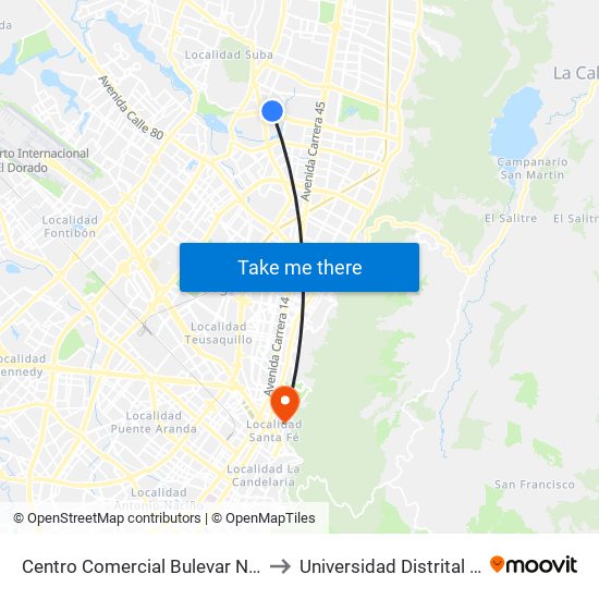 Centro Comercial Bulevar Niza (Ac 127 - Av. Villas) to Universidad Distrital Sede Macarena B map