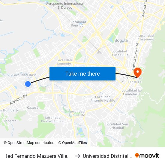 Ied Fernando Mazuera Villegas (Cl 68a Sur - Tv 80f) to Universidad Distrital Sede Macarena B map