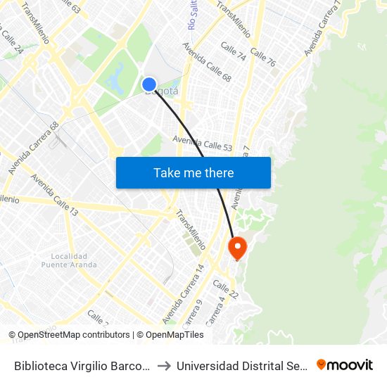 Biblioteca Virgilio Barco (Ac 63 - Kr 47) to Universidad Distrital Sede Macarena B map