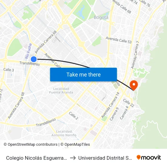Colegio Nicolás Esguerra (Ak 68 - Cl 9) (B) to Universidad Distrital Sede Macarena B map