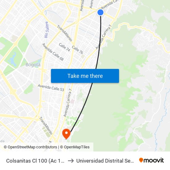 Colsanitas Cl 100 (Ac 100 - Kr 14) (C) to Universidad Distrital Sede Macarena B map