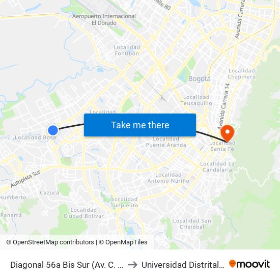 Diagonal 56a Bis Sur (Av. C. De Cali - Dg 56a Bis Sur) to Universidad Distrital Sede Macarena B map