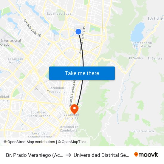 Br. Prado Veraniego (Ac 127 - Kr 51a) to Universidad Distrital Sede Macarena B map