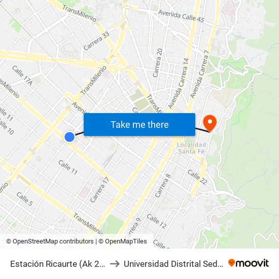 Estación Ricaurte (Ak 27 - Ac 13) (B) to Universidad Distrital Sede Macarena B map