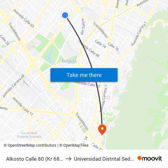 Alkosto Calle 80 (Kr 68c - Cl 73 Bis) to Universidad Distrital Sede Macarena B map