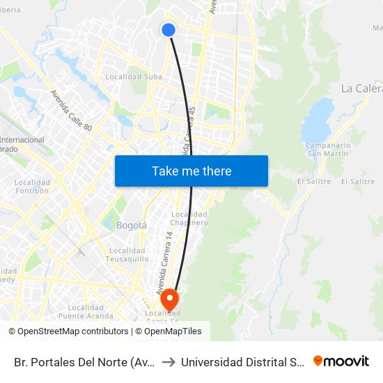 Br. Portales Del Norte (Av. Boyacá - Cl 167) to Universidad Distrital Sede Macarena B map