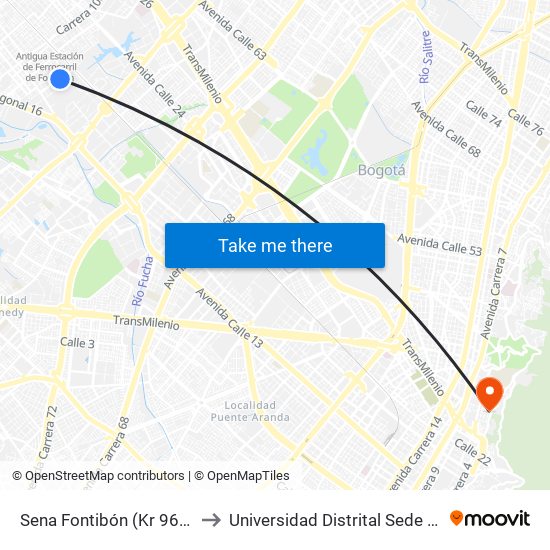 Sena Fontibón (Kr 96c - Cl 20a) to Universidad Distrital Sede Macarena B map