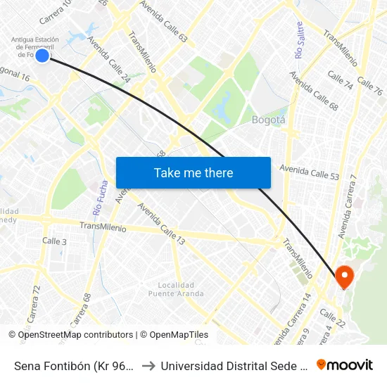 Sena Fontibón (Kr 96c - Cl 20a) to Universidad Distrital Sede Macarena B map