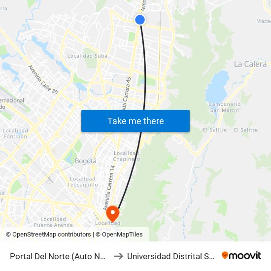 Portal Del Norte (Auto Norte - Cl 172a) (B) to Universidad Distrital Sede Macarena B map