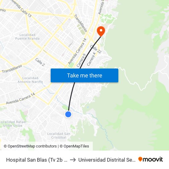 Hospital San Blas (Tv 2b Este - Cl 17 Sur) to Universidad Distrital Sede Macarena B map