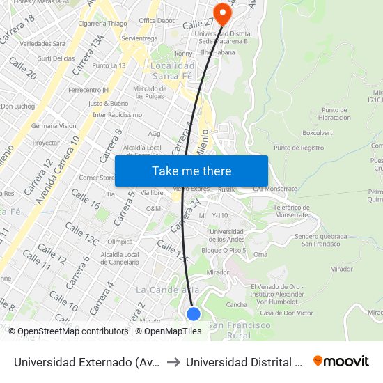 Universidad Externado (Av. Circunvalar - Cl 12) to Universidad Distrital Sede Macarena B map