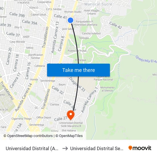 Universidad Distrital (Ak 7 - Cl 40) (B) to Universidad Distrital Sede Macarena B map