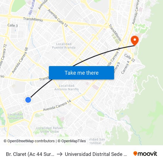 Br. Claret (Ac 44 Sur - Kr 26) to Universidad Distrital Sede Macarena B map