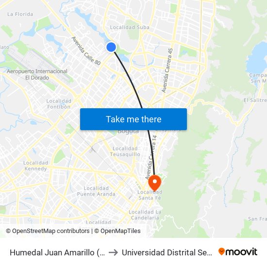 Humedal Juan Amarillo (Ak 91 - Cl 96a) to Universidad Distrital Sede Macarena B map