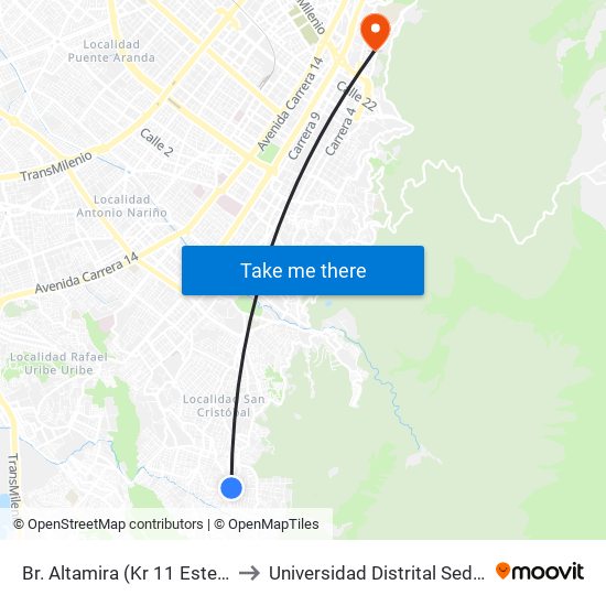 Br. Altamira (Kr 11 Este - Cl 42b Sur) to Universidad Distrital Sede Macarena B map