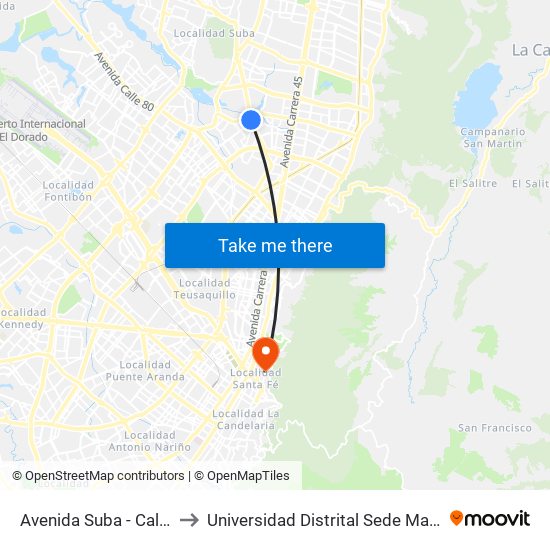 Avenida Suba - Calle 116 to Universidad Distrital Sede Macarena B map