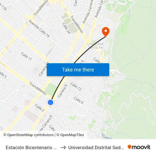 Estación Bicentenario (Ak 10 - Cl 4) to Universidad Distrital Sede Macarena B map