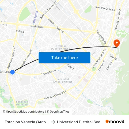 Estación Venecia (Auto Sur - Kr 54a) to Universidad Distrital Sede Macarena B map