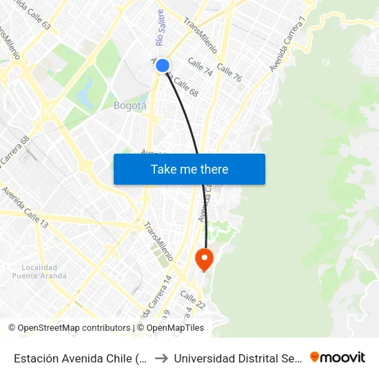 Estación Avenida Chile (Av. NQS - Cl 70) to Universidad Distrital Sede Macarena B map