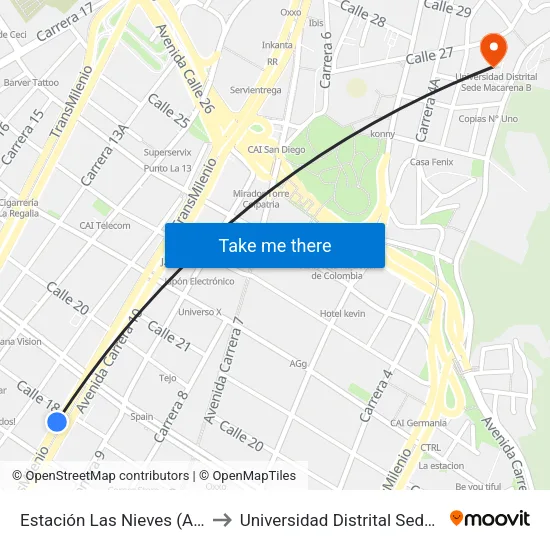 Estación Las Nieves (Ak 10 - Cl 17) to Universidad Distrital Sede Macarena B map