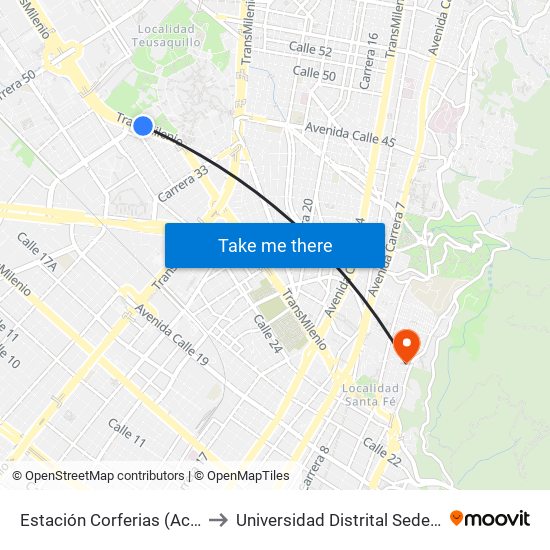 Estación Corferias (Ac 26 - Kr 39) to Universidad Distrital Sede Macarena B map
