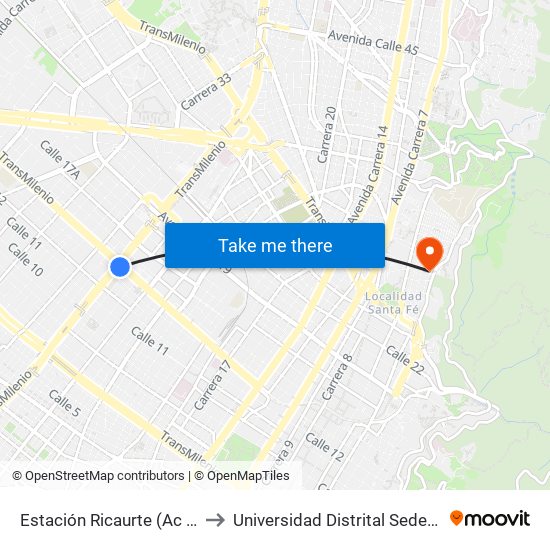 Estación Ricaurte (Ac 13 - Kr 29) to Universidad Distrital Sede Macarena B map