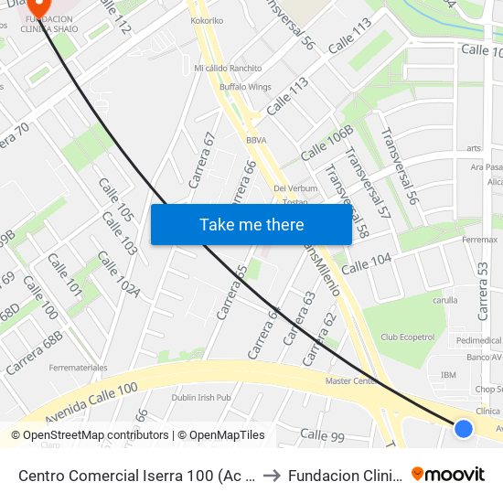 Centro Comercial Iserra 100 (Ac 100 - Kr 54) (B) to Fundacion Clinica Shaio map