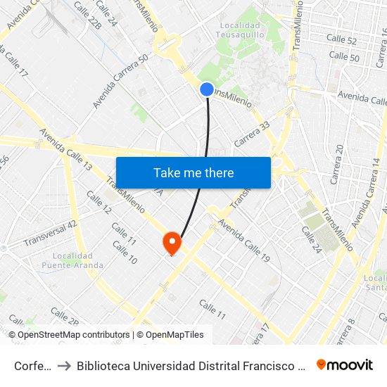 Corferias to Biblioteca Universidad Distrital Francisco José De Caldas map