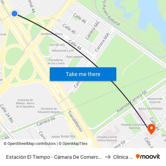 Estación El Tiempo - Cámara De Comercio De Bogotá (Ac 26 - Kr 68b Bis) to Clínica Del Niño map