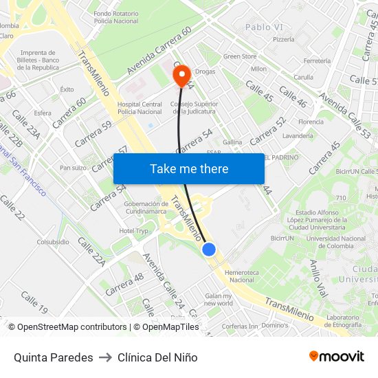 Quinta Paredes to Clínica Del Niño map