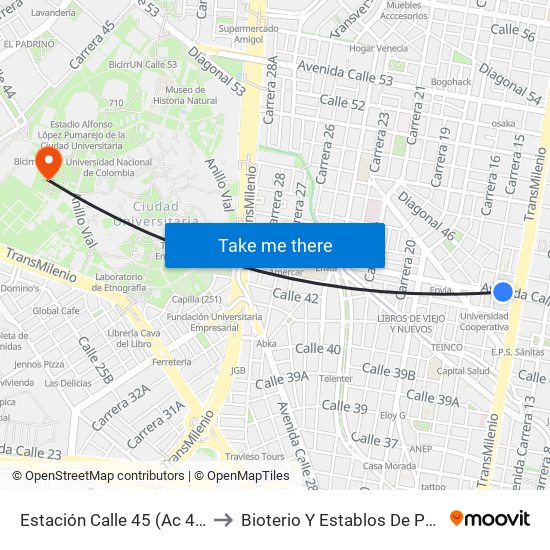 Estación Calle 45 (Ac 45 - Av. Caracas) to Bioterio Y Establos De Producción (561c) map