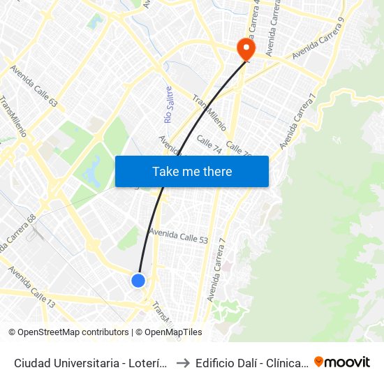Ciudad Universitaria - Lotería De Bogotá to Edificio Dalí - Clínica Estetica map