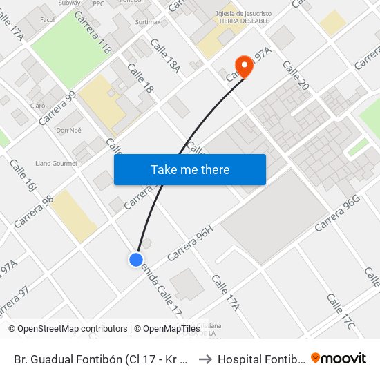 Br. Guadual Fontibón (Cl 17 - Kr 96h) to Hospital Fontibón map