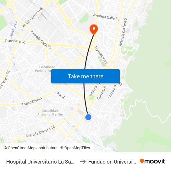 Hospital Universitario La Samaritana (Kr 8 - Cl 0 Sur) to Fundación Universitaria Empresarial map