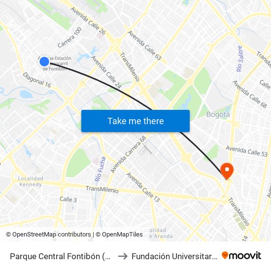 Parque Central Fontibón (Kr 99 - Cl 17a) (B) to Fundación Universitaria Empresarial map