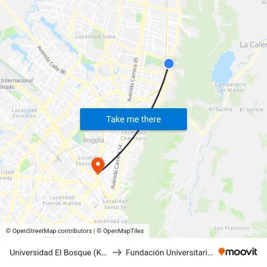 Universidad El Bosque (Kr 7 Bis - Cl 131) to Fundación Universitaria Empresarial map