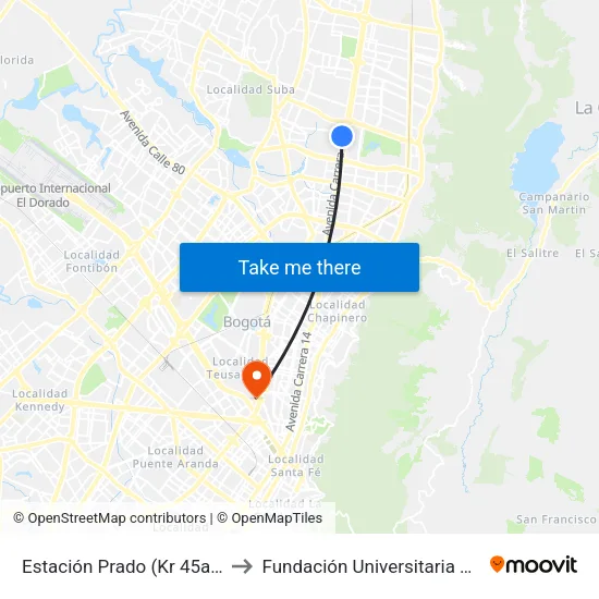 Estación Prado (Kr 45a - Cl 128b) to Fundación Universitaria Empresarial map