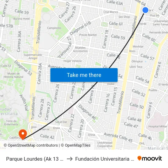 Parque Lourdes (Ak 13 - Cl 63a) (B) to Fundación Universitaria Empresarial map