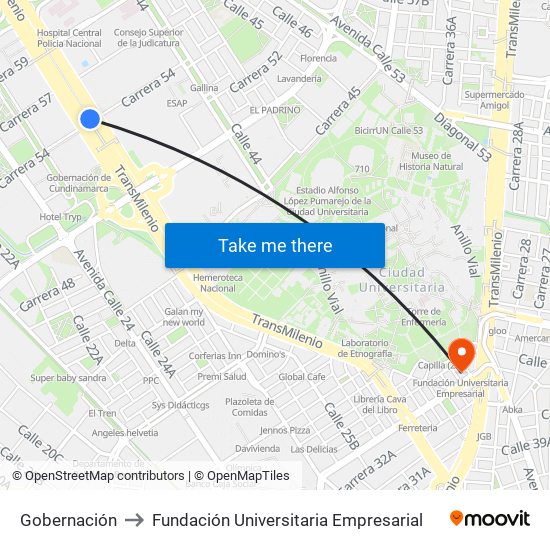 Gobernación to Fundación Universitaria Empresarial map