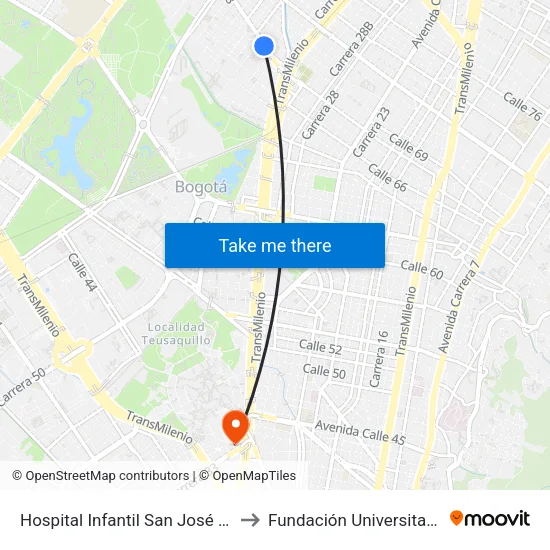 Hospital Infantil San José (Ac 68 - Kr 52) (B) to Fundación Universitaria Empresarial map