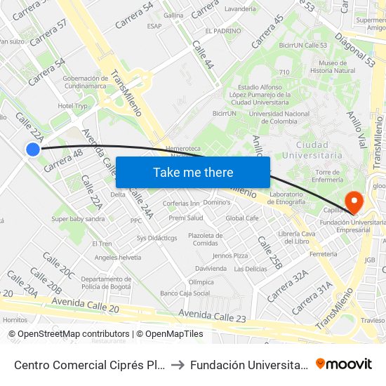Centro Comercial Ciprés Plaza (Ak 50 - Cl 21) to Fundación Universitaria Empresarial map