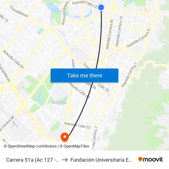 Carrera 51a (Ac 127 - Kr 51a) to Fundación Universitaria Empresarial map