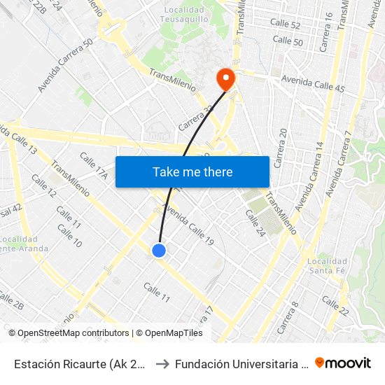 Estación Ricaurte (Ak 27 - Ac 13) (B) to Fundación Universitaria Empresarial map