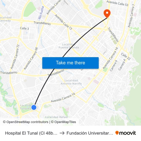 Hospital El Tunal (Cl 48b Sur - Kr 21) (B) to Fundación Universitaria Empresarial map