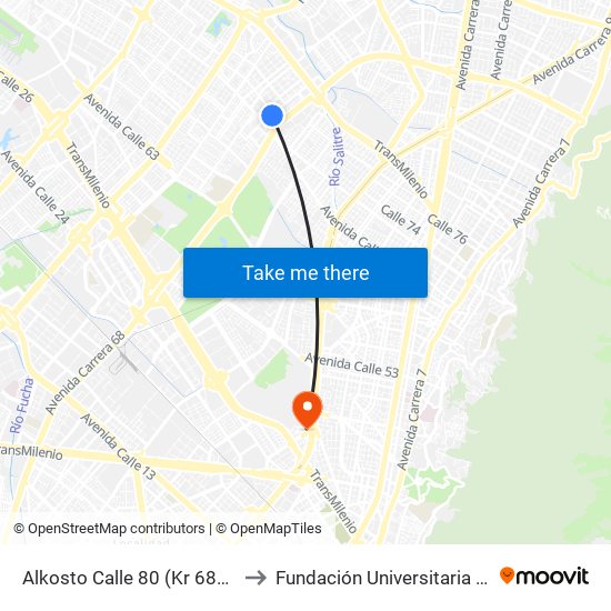 Alkosto Calle 80 (Kr 68c - Cl 73 Bis) to Fundación Universitaria Empresarial map