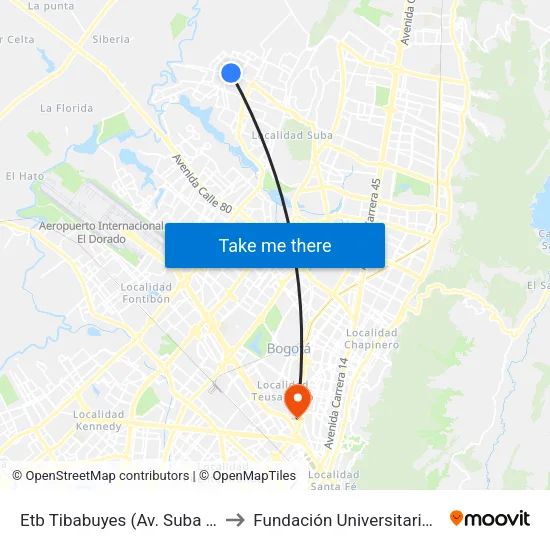 Etb Tibabuyes (Av. Suba - Kr 114c) (A) to Fundación Universitaria Empresarial map
