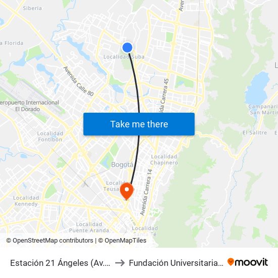 Estación 21 Ángeles (Av. Suba - Kr 83) to Fundación Universitaria Empresarial map