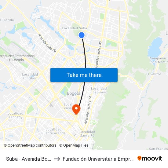 Suba - Avenida Boyacá to Fundación Universitaria Empresarial map